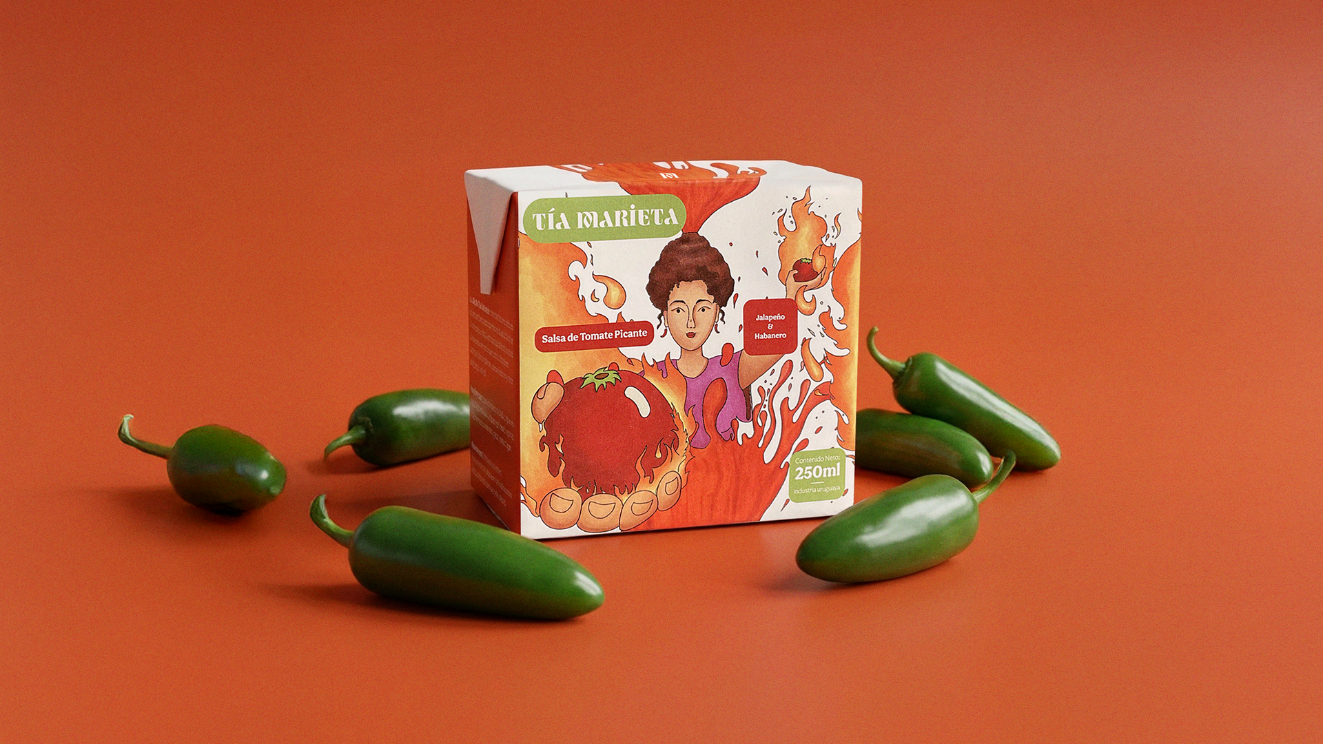 Tía Marieta packaging design with spicy tomato sauce branding